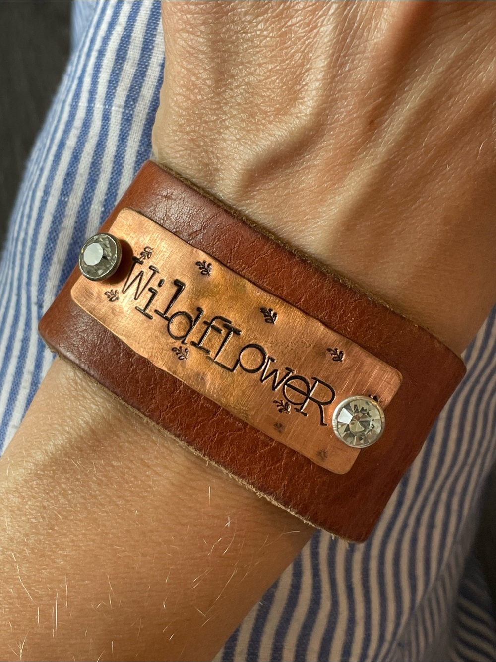 Wildflower Brown Leather Cuff Bracelet with Copper Plate